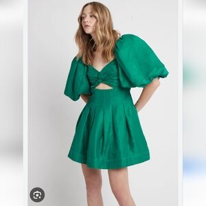 Aje Dusk Knot Puff Sleeve Mini Dress Linen Green Size Aus 4 US XXS